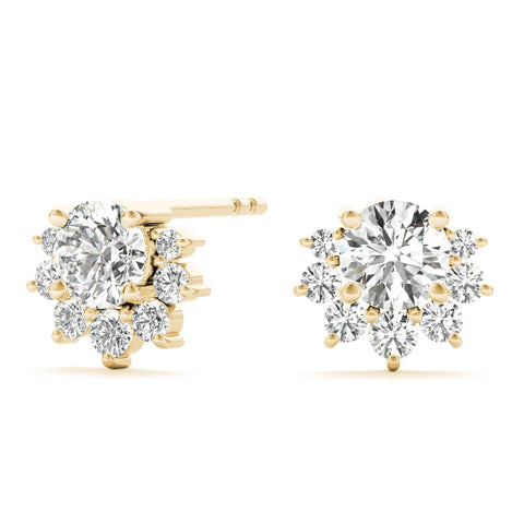 Yellow gold Cluster Round Diamond Stud Earrings with White Gold Band and Four-Prong Setting