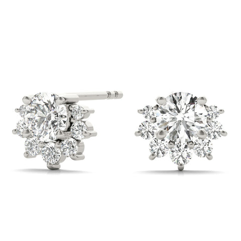 White gold Cluster Round Diamond Stud Earrings with White Gold Band and Four-Prong Setting