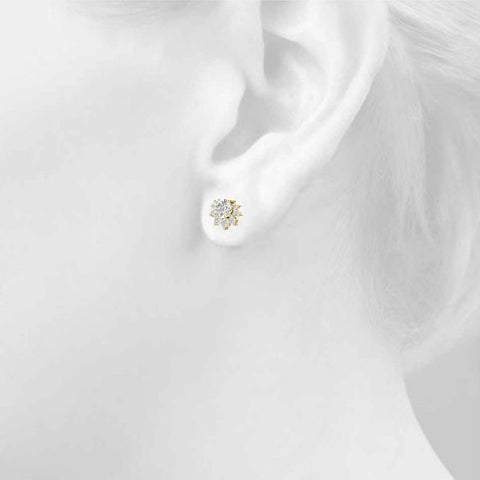 Yellow gold Cluster Round Diamond Stud Earrings with White Gold Band and Four-Prong Setting