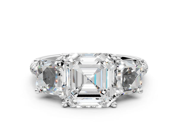 5 Carat Asscher Cut Platinum Three-Stone Diamond Ring with Round  Pavé Band and Prong Setting