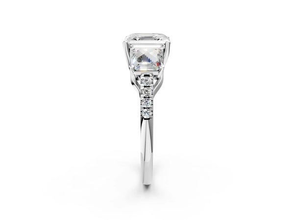 5 Carat Asscher Cut Platinum Three-Stone Diamond Ring with Round  Pavé Band and Prong Setting