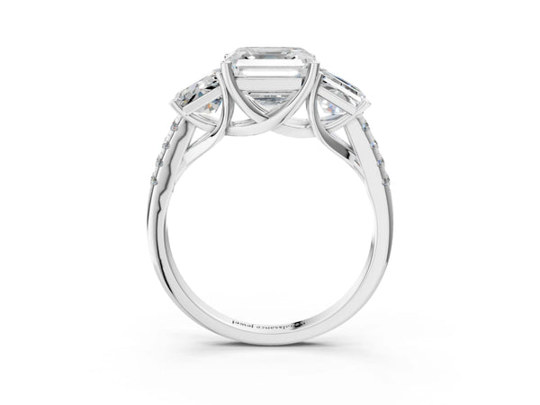 5 Carat Asscher Cut Platinum Three-Stone Diamond Ring with Round  Pavé Band and Prong Setting