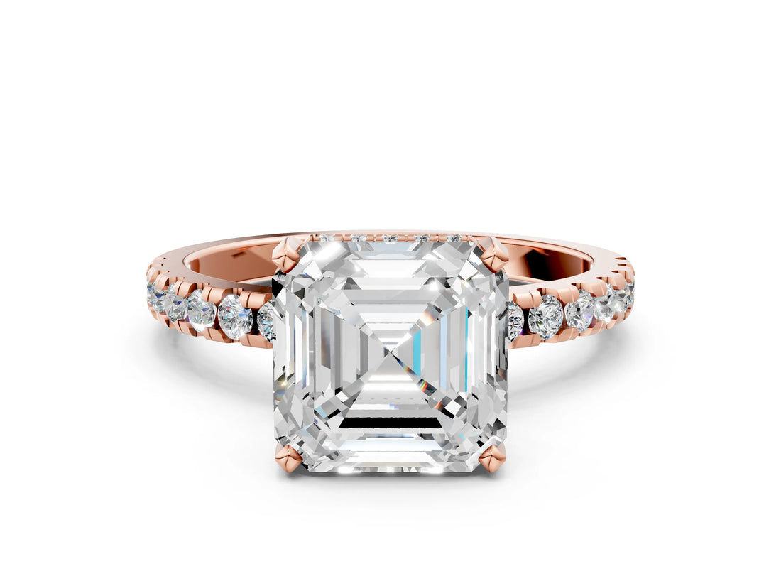5 Carat Asscher Cut Rose gold Diamond Solitaire Ring with Round  Pavé Band and Four-Prong Setting_36