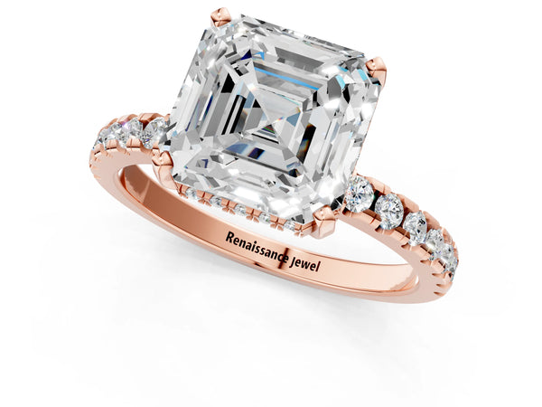 5 Carat Asscher Cut Rose gold Diamond Solitaire Ring with Round Pavé Band and Four-Prong Setting