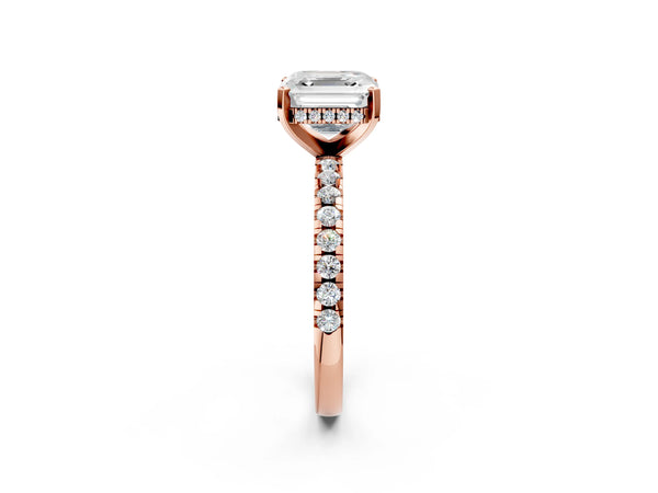5 Carat Asscher Cut Rose gold Diamond Solitaire Ring with Round Pavé Band and Four-Prong Setting