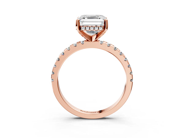 5 Carat Asscher Cut Rose gold Diamond Solitaire Ring with Round Pavé Band and Four-Prong Setting