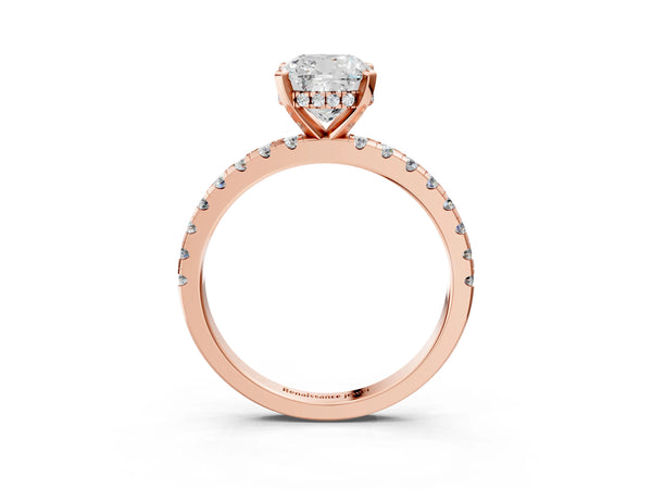 5 Carat Cushion Cut Rose gold Diamond Solitaire Ring with Round Pavé Band and Four-Prong Setting