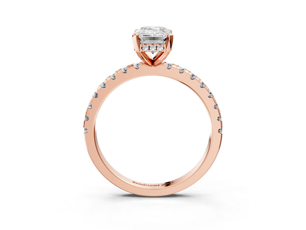 5 Carat Emerald Cut Rose gold Diamond Solitaire Ring with Round Pavé Band and Four-Prong Setting