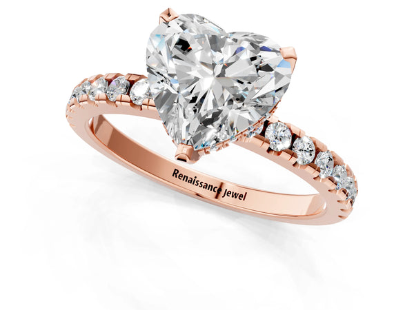 5 Carat Heart Cut Rose gold Diamond Solitaire Ring with Round Pavé Band and Four-Prong Setting