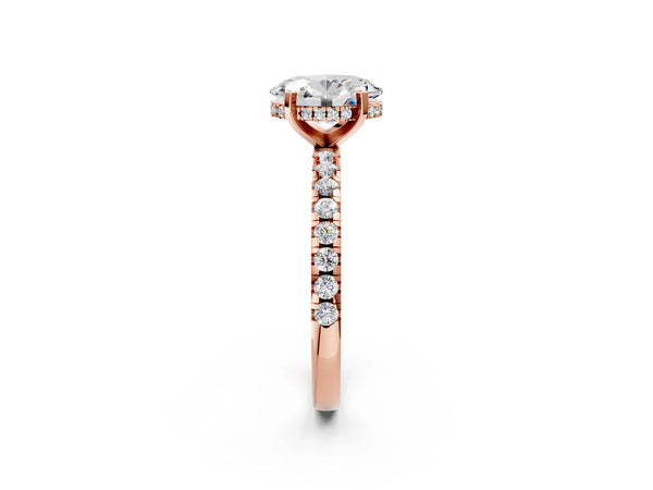 5 Carat Oval Cut Rose gold Diamond Solitaire Ring with Round Pavé Band and Four-Prong Setting