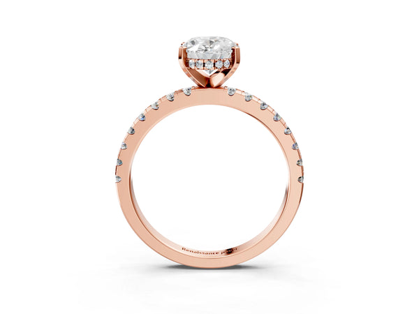 5 Carat Oval Cut Rose gold Diamond Solitaire Ring with Round Pavé Band and Four-Prong Setting