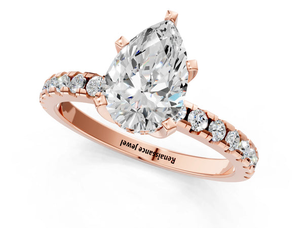 5 Carat Pear Cut Rose gold Diamond Solitaire Ring with Round Pavé Band and Four-Prong Setting