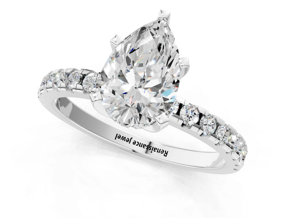 5 Carat Pear Cut White gold Diamond Solitaire Ring with Round Pavé Band and Four-Prong Setting