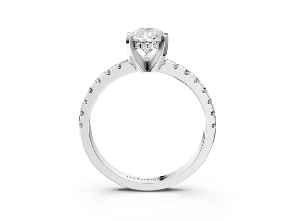 5 Carat Pear Cut White gold Diamond Solitaire Ring with Round Pavé Band and Four-Prong Setting