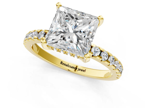 5 Carat Princess Cut Yellow gold Diamond Solitaire Ring with Round Pavé Band and Four-Prong Setting