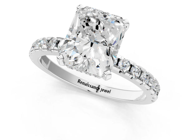 5 Carat Radiant Cut Platinum Diamond Solitaire Ring with Round Pavé Band and Four-Prong Setting