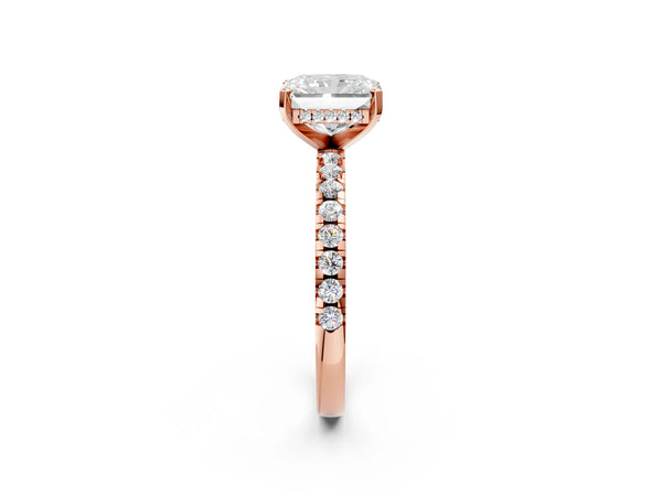 5 Carat Radiant Cut Rose gold Diamond Solitaire Ring with Round Pavé Band and Four-Prong Setting