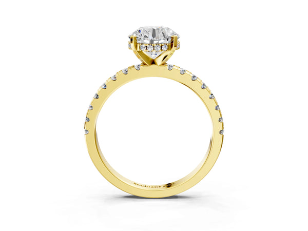 5 Carat Round Cut Yellow gold Diamond Solitaire Ring with Round Pavé Band and Four-Prong Setting