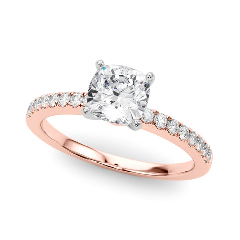 Rose gold Cushion Solitaire Diamond with Pavé Band and Four-Prong Setting