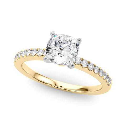 Yellow gold Cushion Solitaire Diamond with Pavé Band and Four-Prong Setting