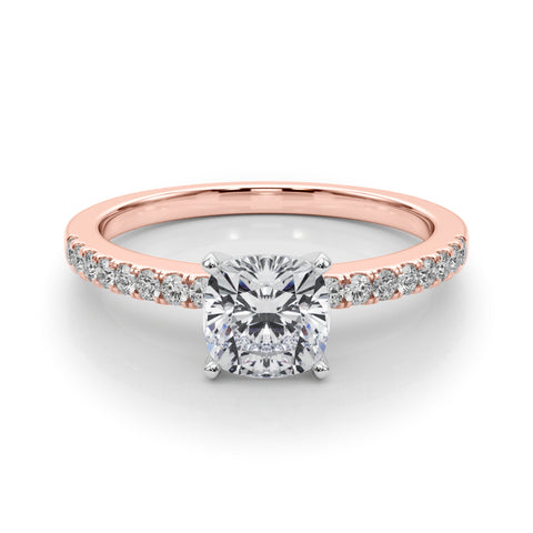 Rose gold Cushion Solitaire Diamond with Pavé Band and Four-Prong Setting