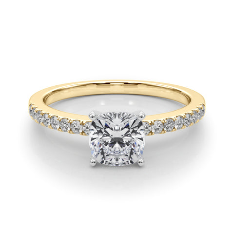 Yellow gold Cushion Solitaire Diamond with Pavé Band and Four-Prong Setting