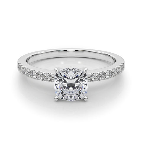 White gold Cushion Solitaire Diamond with Pavé Band and Four-Prong Setting