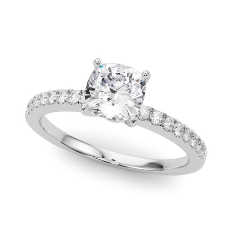 White gold Cushion Solitaire Diamond with Pavé Band and Four-Prong Setting