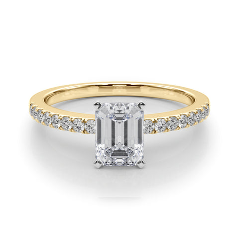 Yellow gold Emerald Solitaire Diamond with Pavé Band and Four-Prong Setting