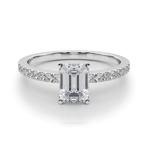 White gold Emerald Solitaire Diamond with Pavé Band and Four-Prong Setting