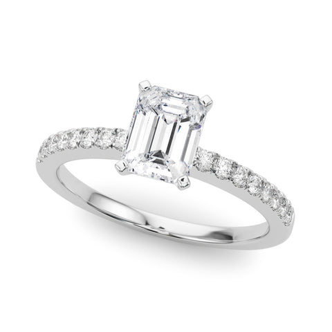 White gold Emerald Solitaire Diamond with Pavé Band and Four-Prong Setting