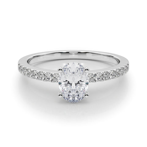 White gold Oval Solitaire Diamond with Pavé Band and Four-Prong Setting