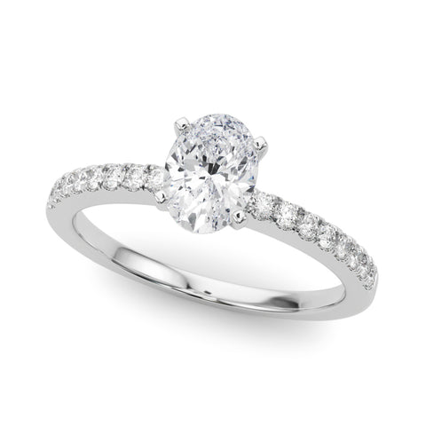 White gold Oval Solitaire Diamond with Pavé Band and Four-Prong Setting