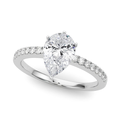 White gold Pear Solitaire Diamond with Pavé Band and Four-Prong Setting