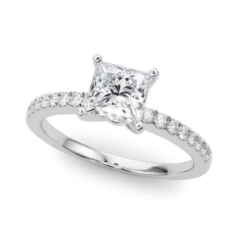 White gold Princess Solitaire Diamond with Pavé Band and Four-Prong Setting