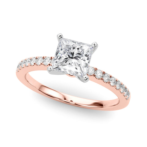 Rose gold Princess Solitaire Diamond with Pavé Band and Four-Prong Setting