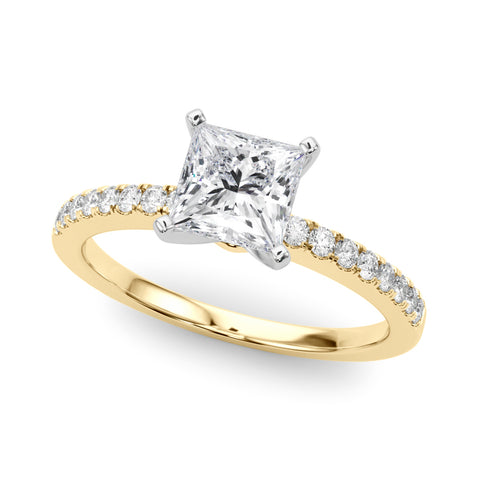 Yellow gold Princess Solitaire Diamond with Pavé Band and Four-Prong Setting