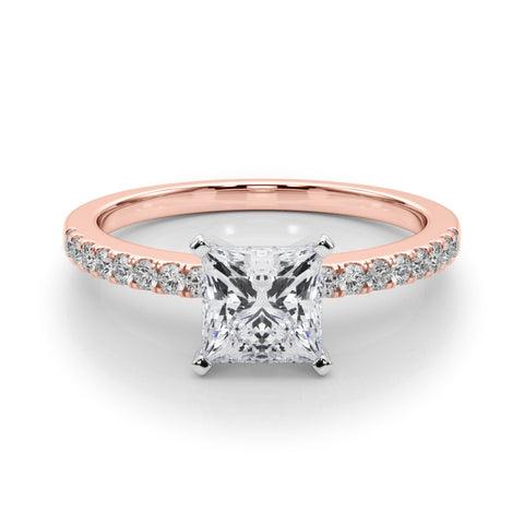 Rose gold Princess Solitaire Diamond with Pavé Band and Four-Prong Setting