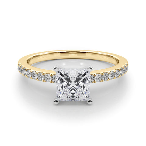 Yellow gold Princess Solitaire Diamond with Pavé Band and Four-Prong Setting