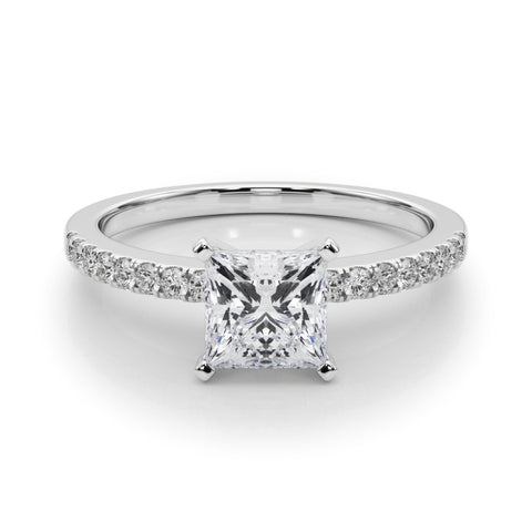 White gold Princess Solitaire Diamond with Pavé Band and Four-Prong Setting