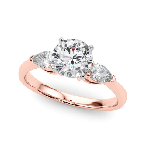 Rose gold Three-Stone Round Diamond Ring with Pear Side Stones on a Platinum Band with Four-Prong Setting