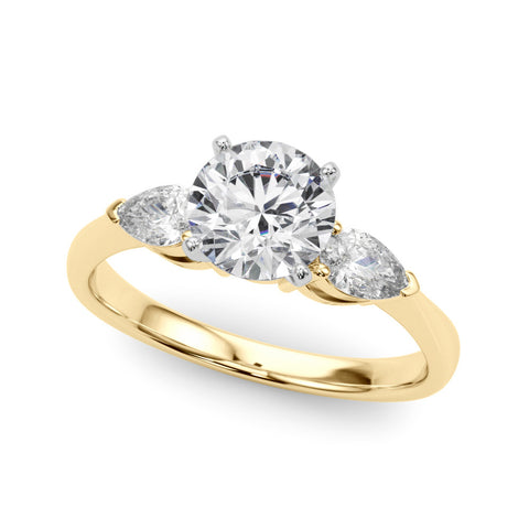 Yellow gold Three-Stone Round Diamond Ring with Pear Side Stones on a Platinum Band with Four-Prong Setting