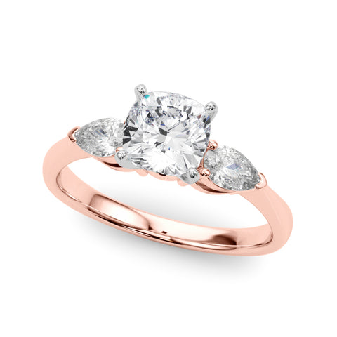 Rose gold Three-Stone Cushion Diamond Ring with Pear Side Stones on a Platinum Band with Four-Prong Setting