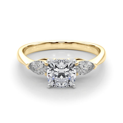 Yellow gold Three-Stone Cushion Diamond Ring with Pear Side Stones on a Platinum Band with Four-Prong Setting