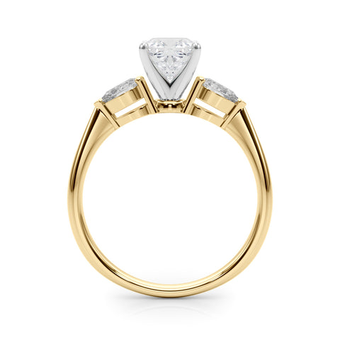 Yellow gold Three-Stone Cushion Diamond Ring with Pear Side Stones on a Platinum Band with Four-Prong Setting