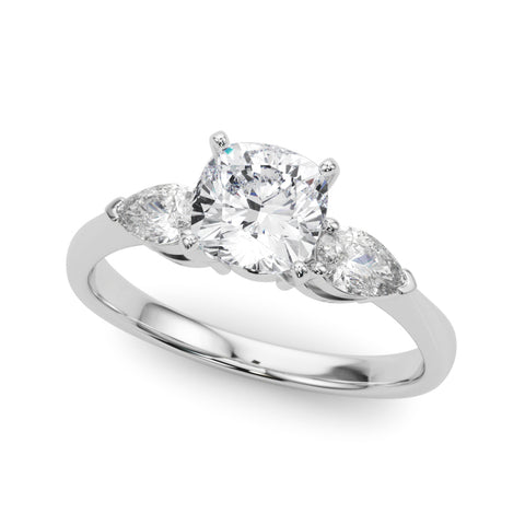 White gold Three-Stone Cushion Diamond Ring with Pear Side Stones on a Platinum Band with Four-Prong Setting