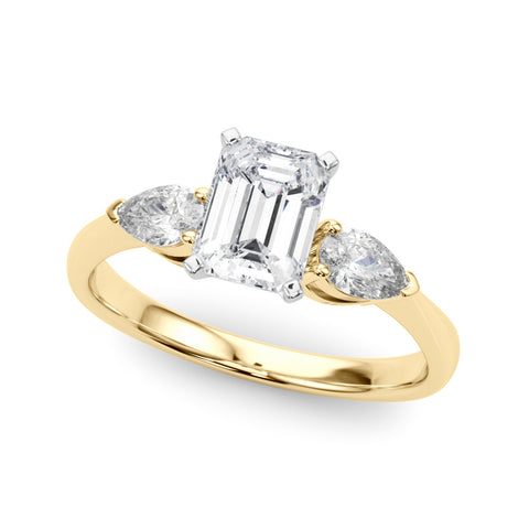 Yellow gold Three-Stone Emerald Diamond Ring with Pear Side Stones on a Platinum Band with Four-Prong Setting