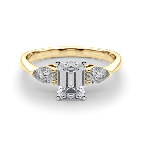 Yellow gold Three-Stone Emerald Diamond Ring with Pear Side Stones on a Platinum Band with Four-Prong Setting