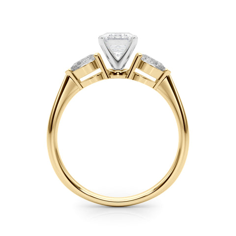 Yellow gold Three-Stone Emerald Diamond Ring with Pear Side Stones on a Platinum Band with Four-Prong Setting