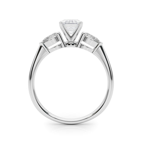 White gold Three-Stone Emerald Diamond Ring with Pear Side Stones on a Platinum Band with Four-Prong Setting